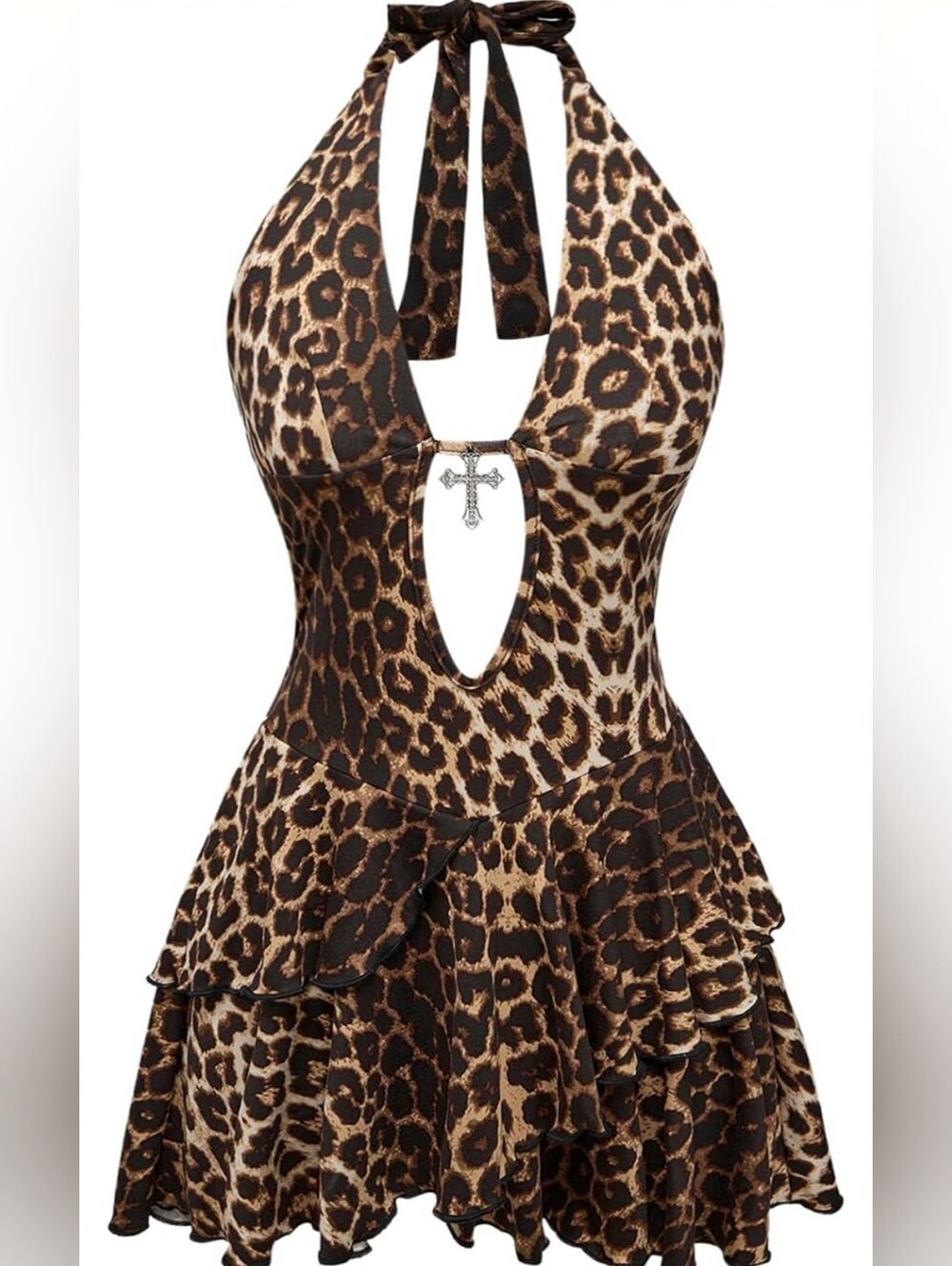 ROMWE Leopard-Print Halter Mini Dress in Brown and Tan